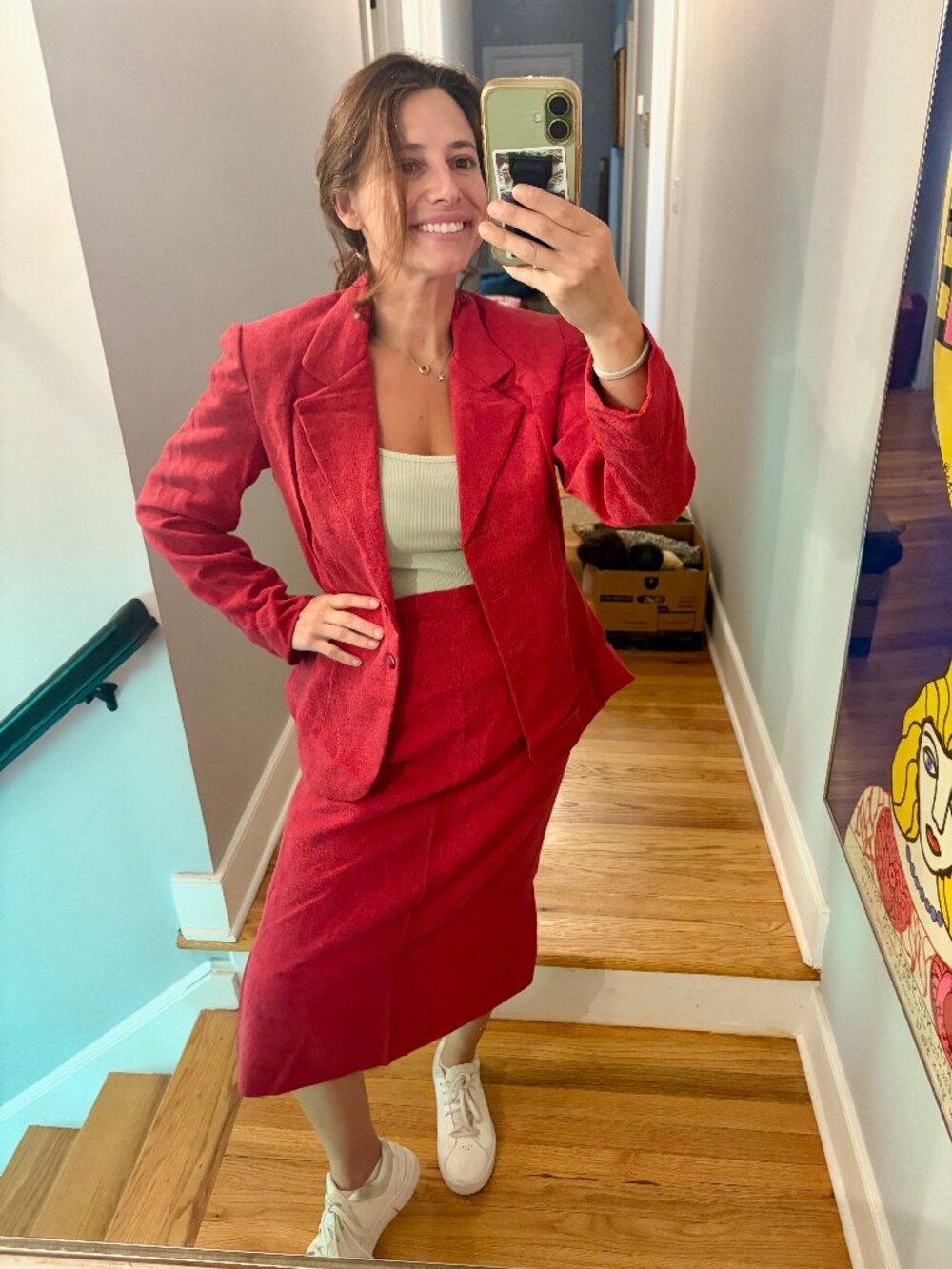 Vintage 60s 70s Red Wool Skirt Suit Blazer + Midi Skirt 2 Piece Set